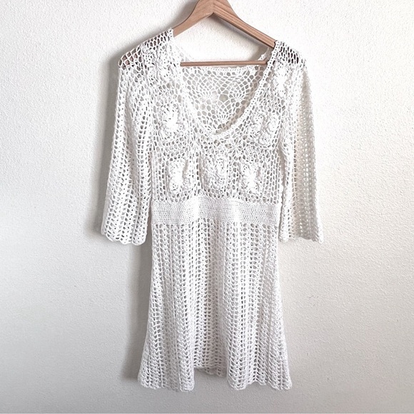 Vintage White Bohemian Y2K 90s White Crochet Bell Sleeves Mini Dress - Picture 4 of 12